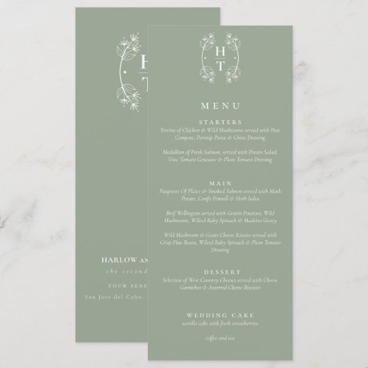Elegante Floral Crest Monogram Sage Green Wedding Menu (Voorkant / Achterkant)