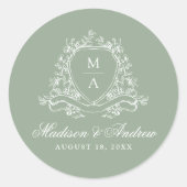 Elegante Floral Crest Monogram Sage Green Wedding Ronde Sticker (Voorkant)