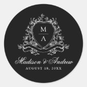 Elegante Floral Crest Monogram Zwart Huwelijk Ronde Sticker (Voorkant)