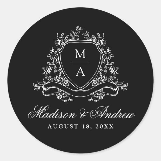 Elegante Floral Crest Monogram Zwart Huwelijk Ronde Sticker (Voorkant)