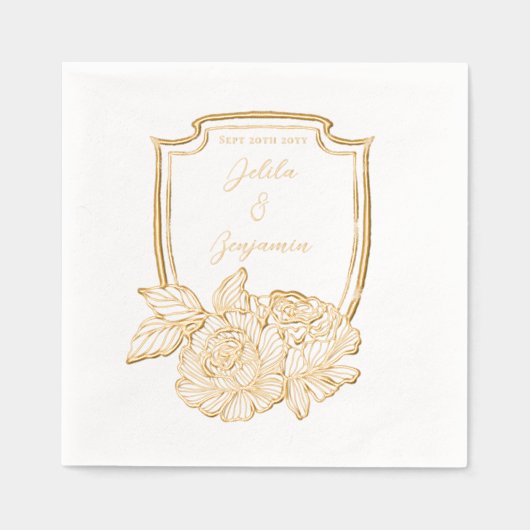Elegante Floral Crest Paren Naam & Trouwdatum Folie Servetten (Voorkant)