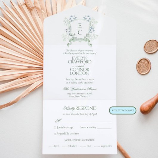 Elegante Floral Crest RSVP Entree Choice Wedding All In One Uitnodiging