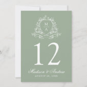 Elegante Floral Crest Sage Trouwtafel Nummer Kaart (Voorkant)