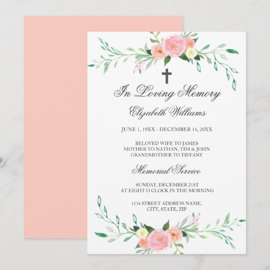 Elegante Floral Cross Memorial Service Uitnodiging (Voorkant / Achterkant)