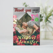 Elegante Floral Custom Foto Bruiloft Bedankkaart (Staand voorkant)