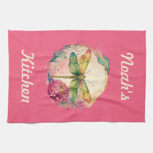 Elegante Floral Dragonfly w / aangepaste naam Theedoek (Horizontaal)