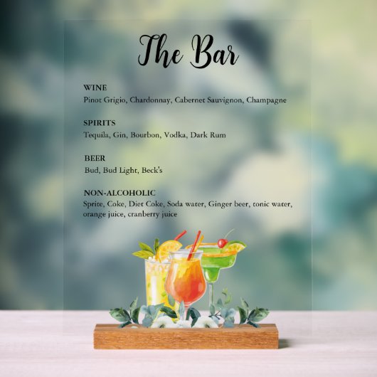 Elegante Floral Drink Bar Menu Acryl bord (Neutraal)