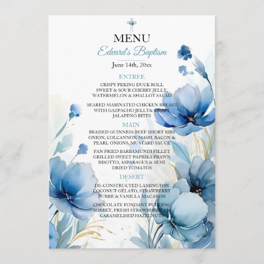 Elegante Floral Dusty Blue doop Menu (Voorkant)