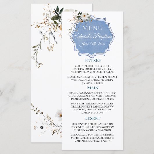Elegante Floral Dusty Blue doop Menu (Voorkant / Achterkant)
