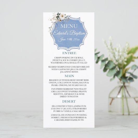 Elegante Floral Dusty Blue doop Menu (Staand voorkant)