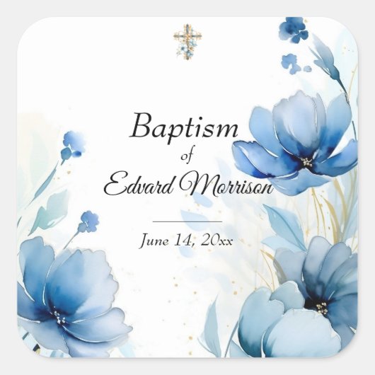 Elegante Floral Dusty Blue doop Vierkante Sticker (Voorkant)