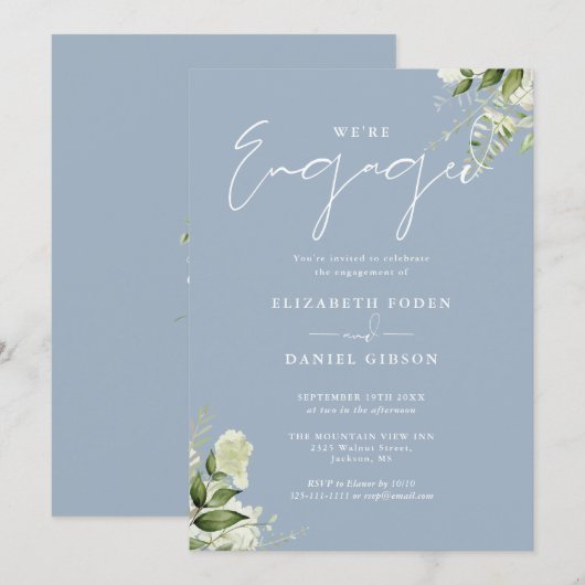 Elegante Floral Dusty Blue Engagement Party Kaart (Voorkant / Achterkant)
