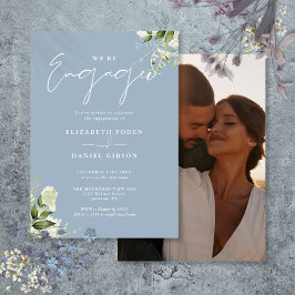 Elegante Floral Dusty Blue Photo Engagement Party Kaart
