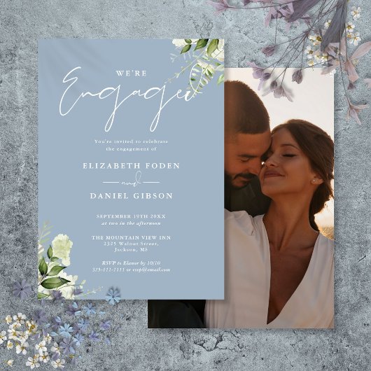 Elegante Floral Dusty Blue Photo Engagement Party Kaart