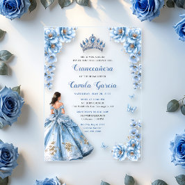 Elegante Floral Dusty Blue Princess Quinceañera Acryl Uitnodigingen
