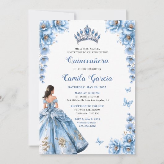 Elegante Floral Dusty Blue Princess Quinceañera Kaart (Voorkant)