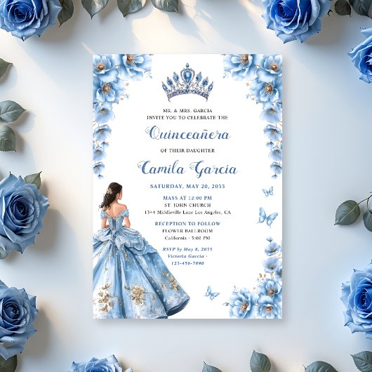 Elegante Floral Dusty Blue Princess Quinceañera Kaart