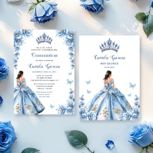 Elegante Floral Dusty Blue Princess Quinceañera Kaart