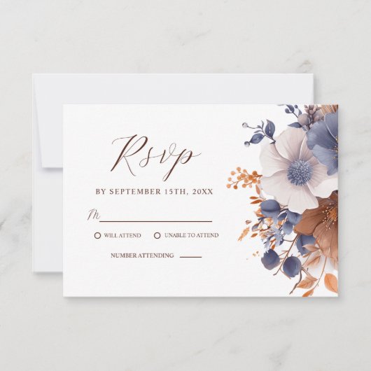 Elegante Floral Dusty Blue Rust Wedding RSVP Kaartje (Voorkant)