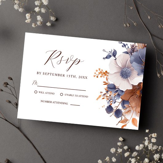 Elegante Floral Dusty Blue Rust Wedding RSVP Kaartje