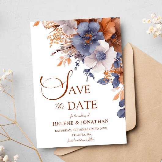 Elegante Floral Dusty Blue Terracotta bruiloft Save The Date