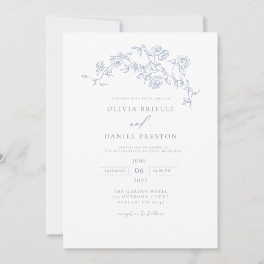 Elegante Floral  Dusty Blue Wedding Kaart (Voorkant)