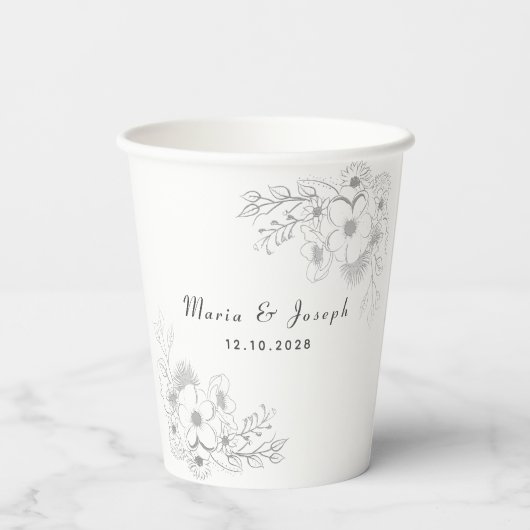 Elegante Floral Dusty Blue Wedding Paper Cups Papieren Bekers (Achterkant)