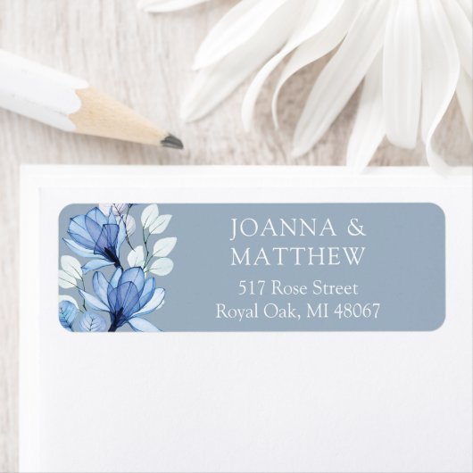 Elegante Floral Dusty Blue Wedding Retouradres Etiket (Insitu)