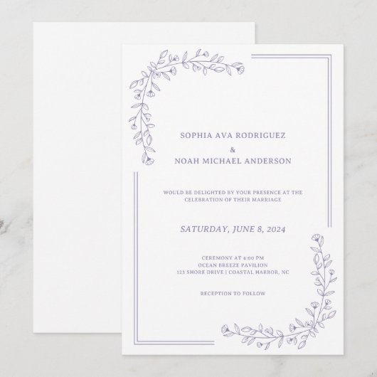 Elegante Floral Dusty Lila Huwelijksuitnodiging Kaart (Voorkant / Achterkant)