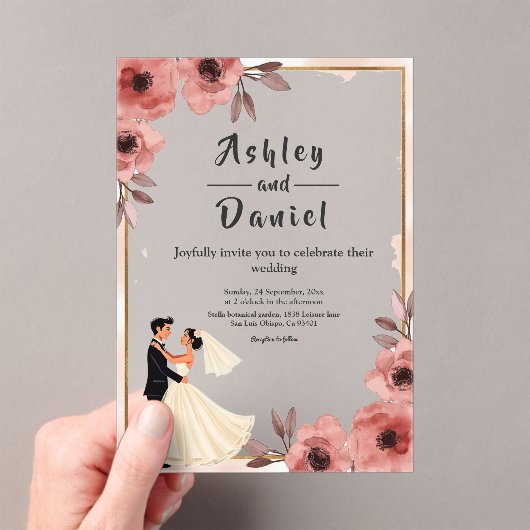 Elegante Floral Dusty Roos bruid en bruidegom brui Acryl Uitnodigingen (Insitu (Draagbaar))