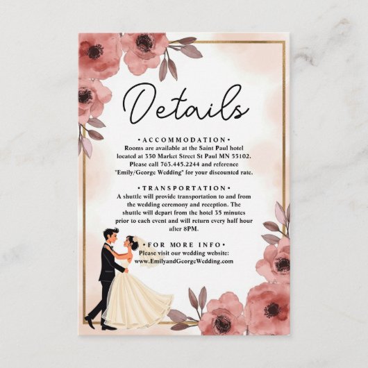 Elegante Floral Dusty Roos bruid en bruidegom brui Informatiekaartje (Voorkant)