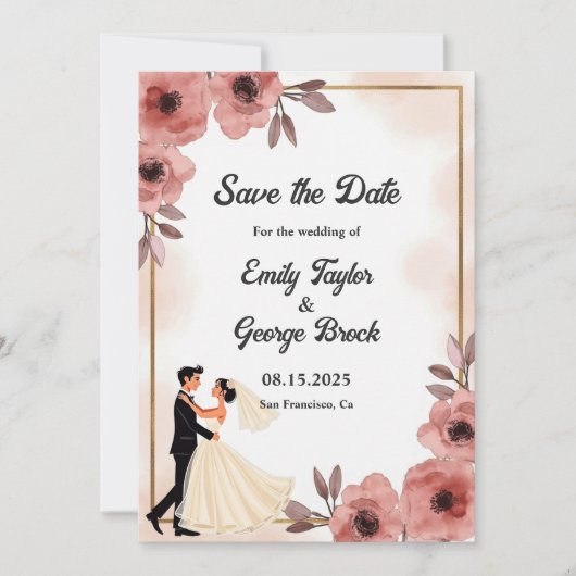 Elegante Floral Dusty Roos bruid en bruidegom brui Save The Date (Voorkant)