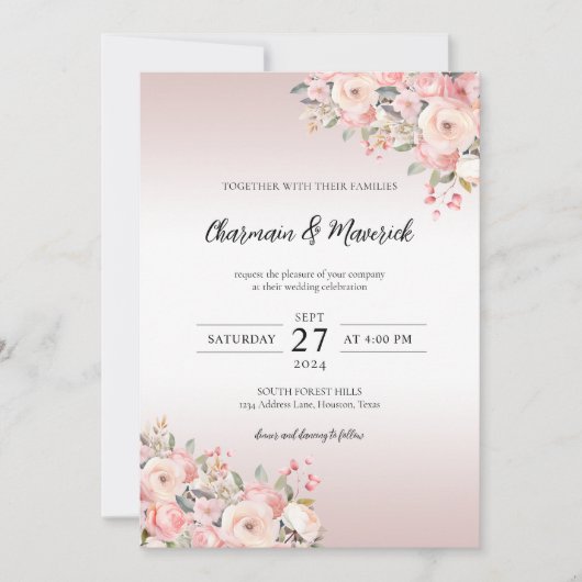 Elegante Floral Dusty Roze bruiloft alles in één Kaart (Voorkant)