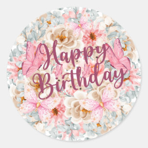 Elegante Floral en Butterfly Verjaardag Sticker