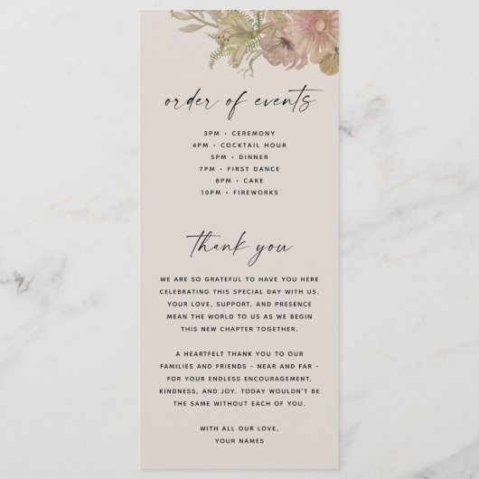 Elegante Floral & Fern bruiloft | botanische tuin Programmakaart (Achterkant)