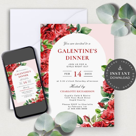 Elegante Floral Galentine's Dinner Party Rode Roze Kaart