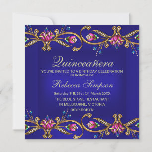 Elegante Floral Gem Blue Quinceañera Uitnodigen Kaart