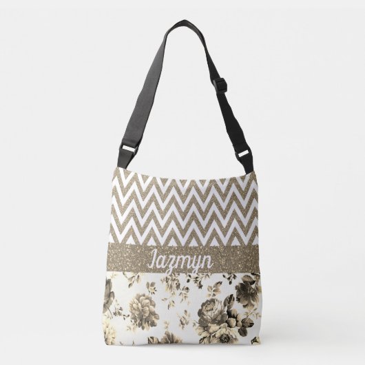 Elegante Floral Glittery Chevron gepersonaliseerd Crossbody Tas (Voorkant)