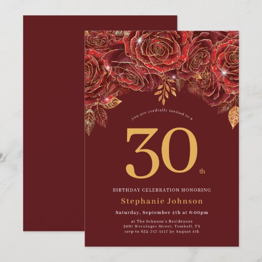 Elegante Floral Gold Bourgogne 30e verjaardag Kaart (Voorkant / Achterkant)