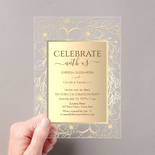 Elegante Floral Gold bruiloft receptie Acryl Uitnodigingen (Insitu (Draagbaar))