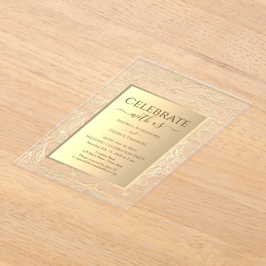Elegante Floral Gold bruiloft receptie Acryl Uitnodigingen (Laagn)