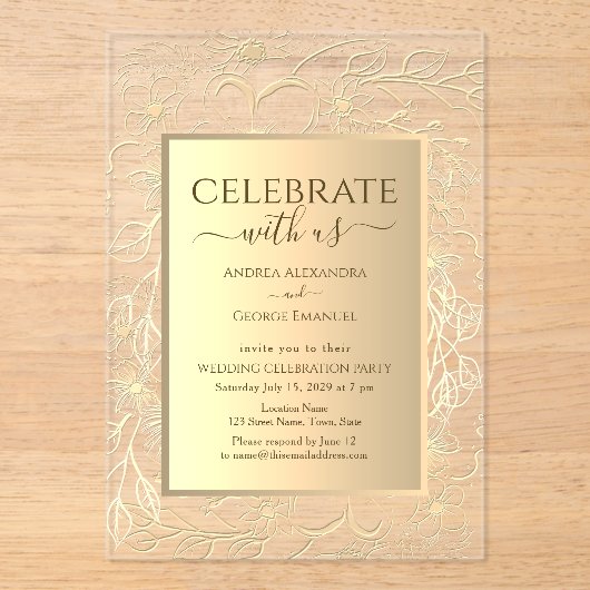 Elegante Floral Gold bruiloft receptie Acryl Uitnodigingen (Voorkant)