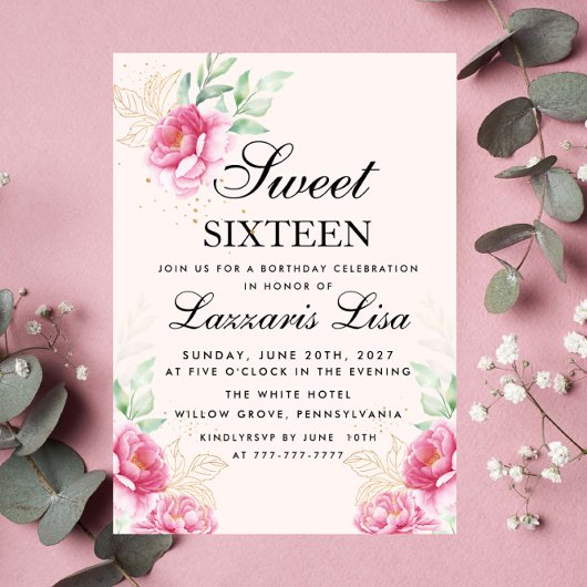 Elegante Floral & Gold Leaf Verjaardag Sweet Sixte Kaart