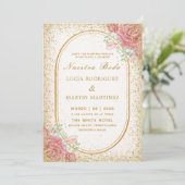 Elegante Floral Gold lijst Glitter Nuestra Boda Kaart (Staand voorkant)