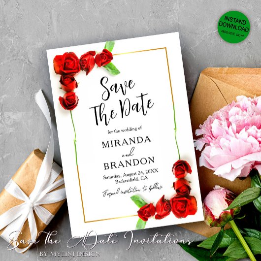 Elegante Floral Gold Lijst Red Roses Bewaar de dat Kaart