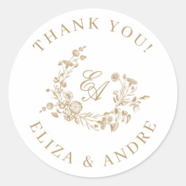 Elegante Floral Gold Monogram bruiloft Dank u Ronde Sticker