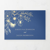 Elegante Floral Gold Royal Blue Wedding Drieluik Uitnodiging (Cover)
