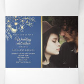 Elegante Floral Gold Royal Blue Wedding Drieluik Uitnodiging (Binnenkant midden)