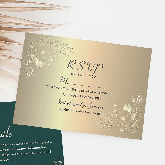 Elegante Floral Gold Wedding RSVP Kaart