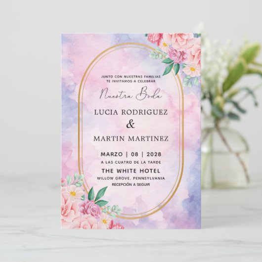 Elegante Floral Goud Paarse Waterverf Nuestra Boda Kaart (Staand voorkant)